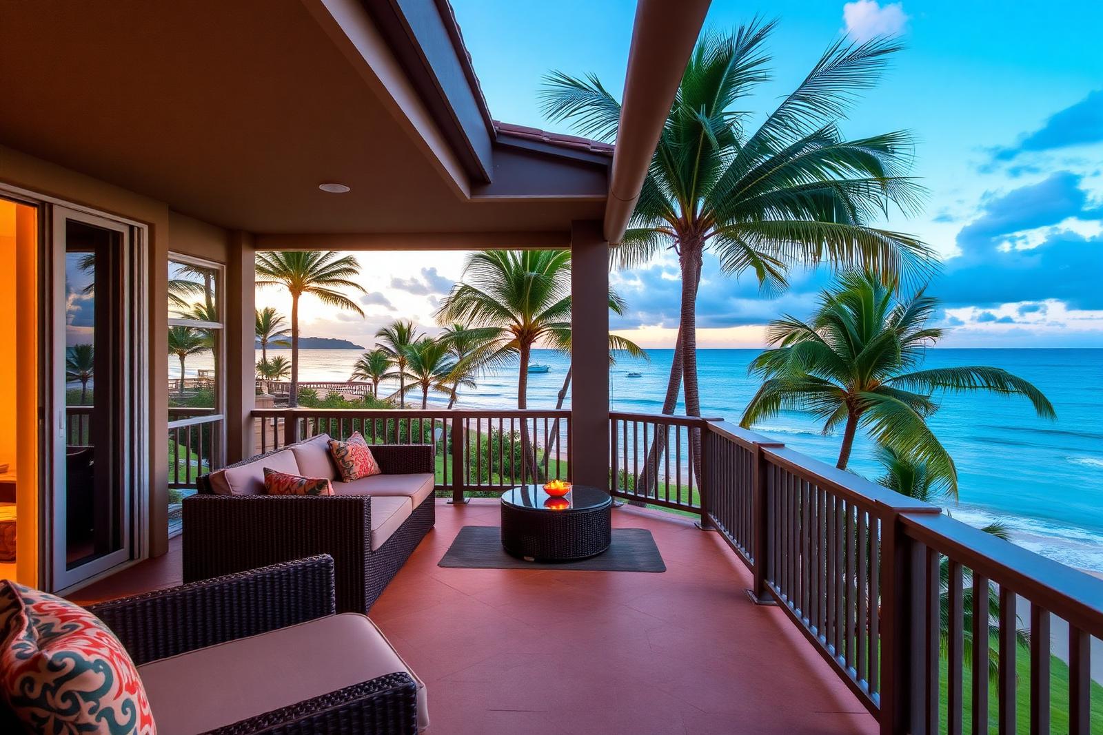 Oceanfront Maui condo lanai at sunset